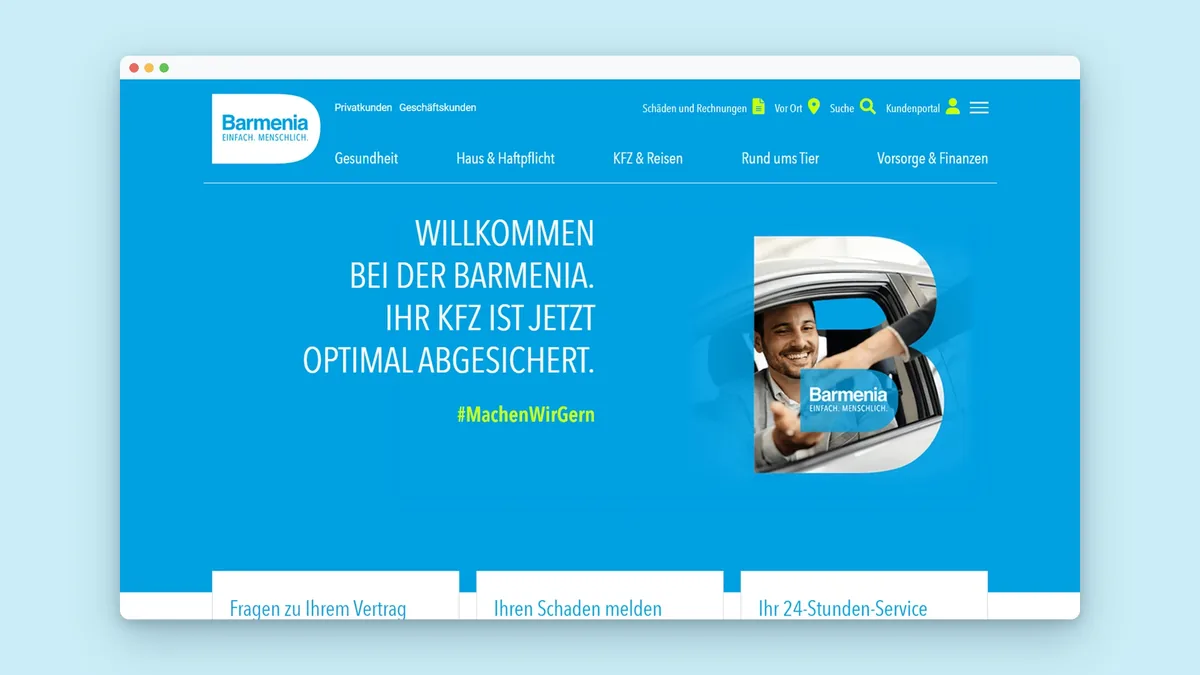 Welcome Page Kfz im Browserfenster: Willkommen bei der Barmenia, Ihr Kfz ist jetzt optimal abgesichert, dazu ein Fahrer im B-förmigen Bildausschnitt