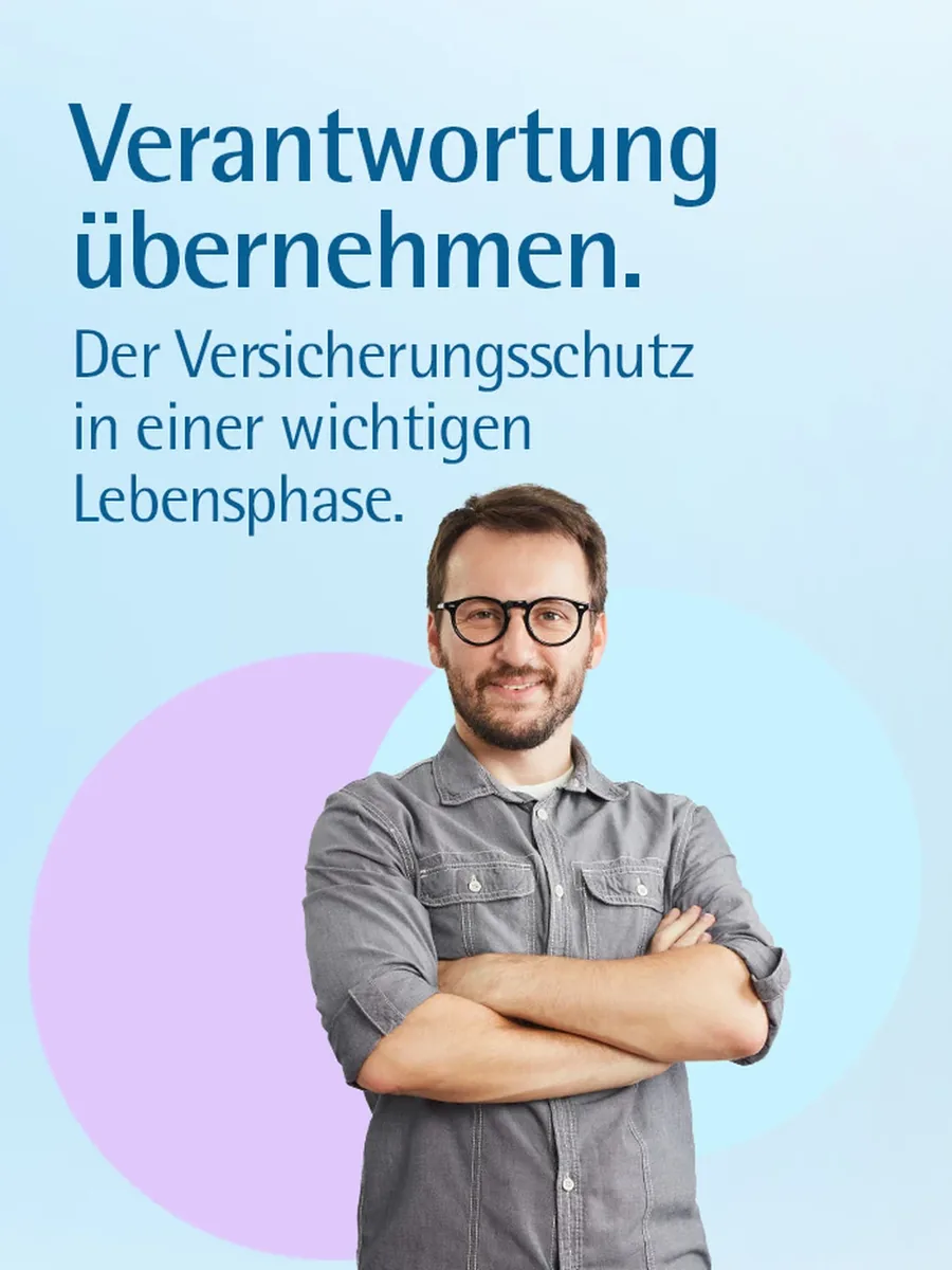 Mobil-Header Familie und Beruf: Mann mit verschränkten Armen vor zwei Kreisen, Headline Verantwortung übernehmen