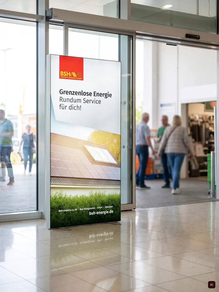 Visualisierung eines LED-Leuchtrahmens mit der Headline Grenzenlose Energie im Eingangsbereich eines Marktes