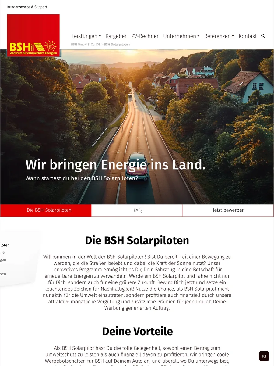 Wireframe des Solarpiloten-Onepagers geht per Wischblende in das Screendesign über; Headerbild für das Portfolio gegen ein Luftbild der Landstraße getauscht