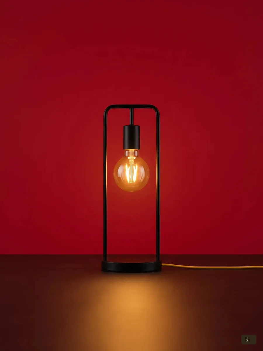 Tischleuchte mit Glühfadenlampe vor roter Wand; KI-unterstützt