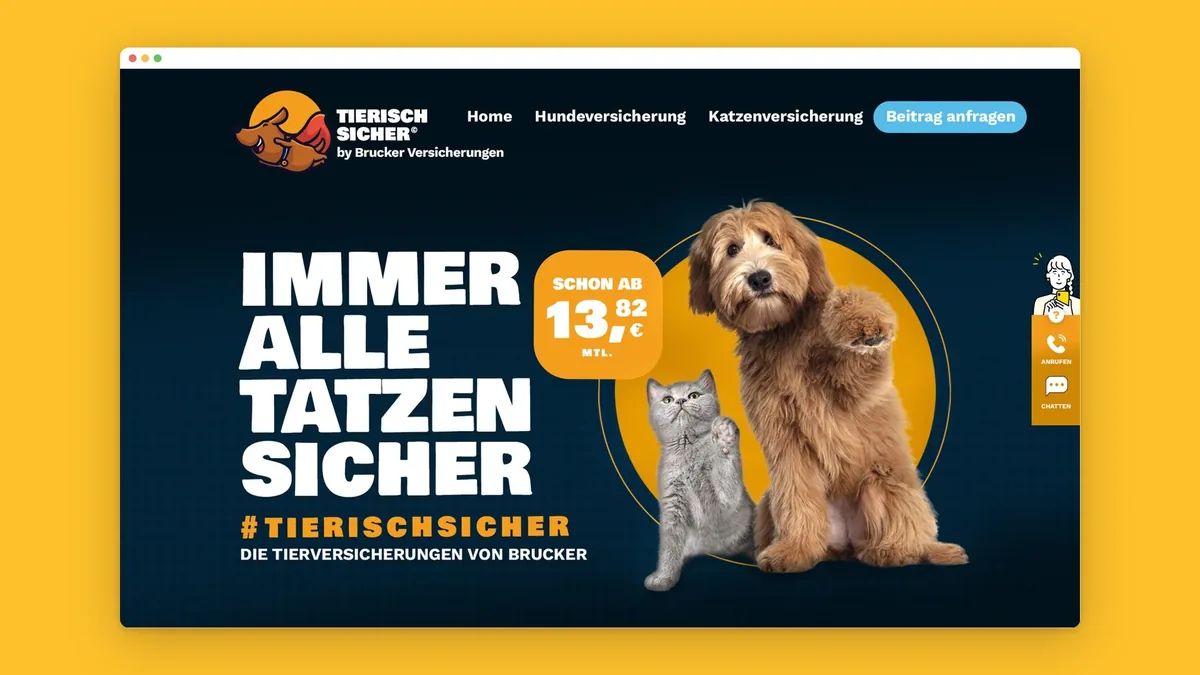 Landing Page im Browserfenster auf Gelb: Immer alle Tatzen sicher mit Hund, Katze und Leistungen