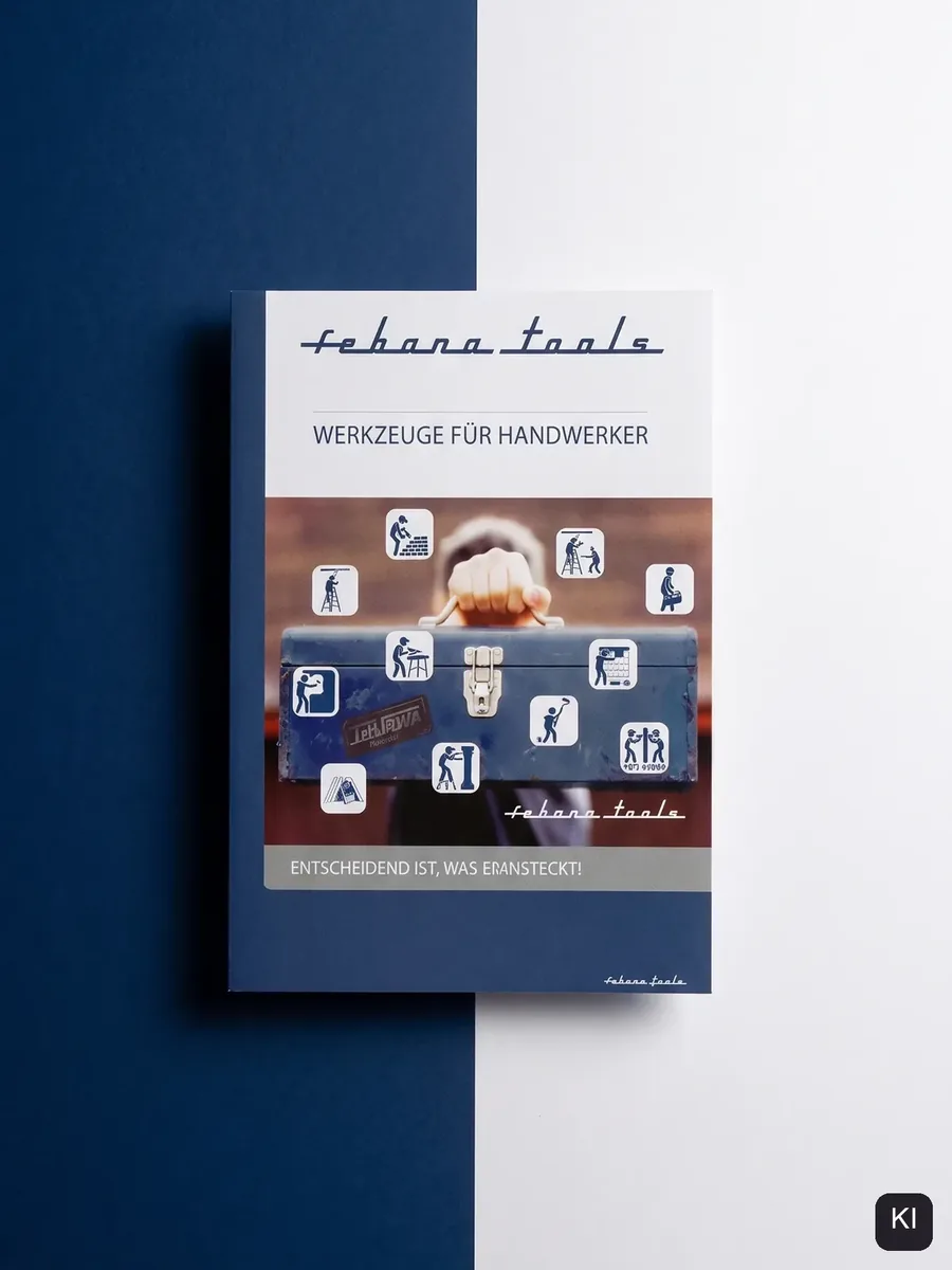 Katalog hängt an einer zweigeteilten Wand in Blau und Weiß (KI-Bild)