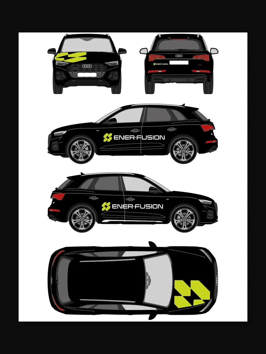 Fahrzeugplan des schwarzen Audi Q5 in fünf Ansichten mit Schriftzug und großer grüner Bildmarke.