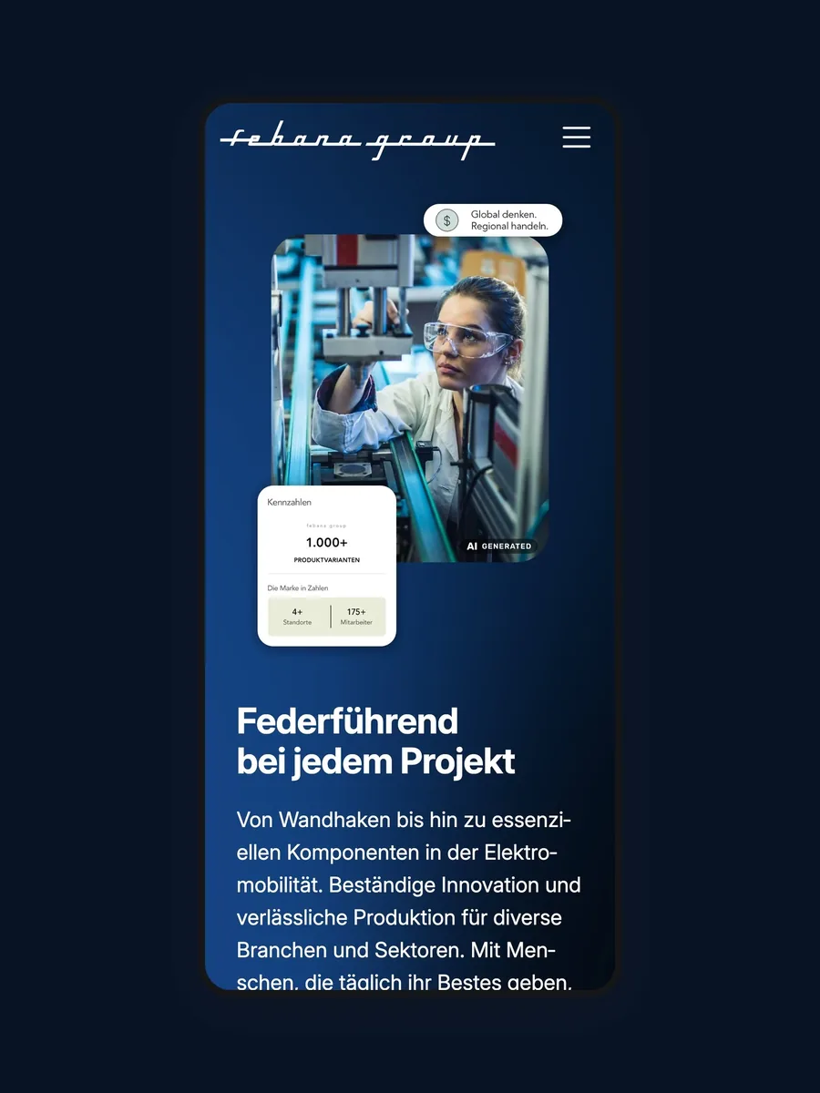 Mobile Startseite von febana.group im Smartphone auf dunkelblauer Fläche