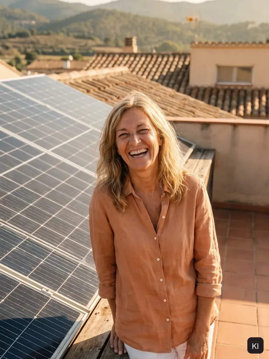 Lachende Frau auf einer Dachterrasse neben Photovoltaik-Modulen (KI-Bild)