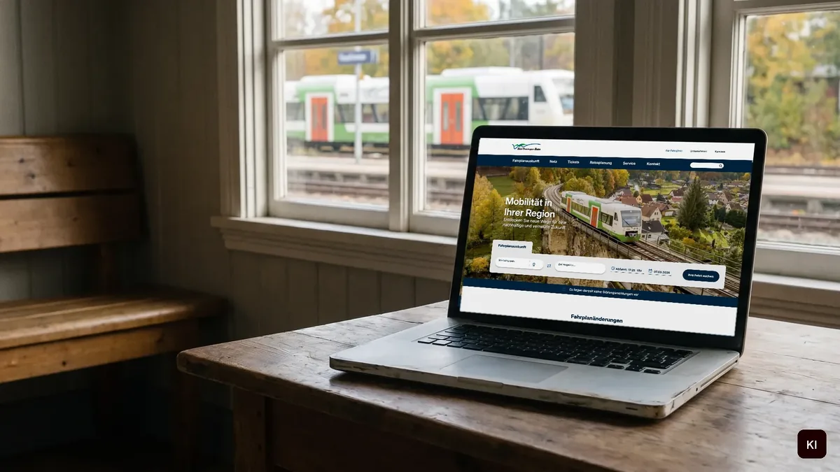 Website der Süd-Thüringen-Bahn auf dem Laptop am Bahnhofsfenster (KI-Szene, echter Screen)