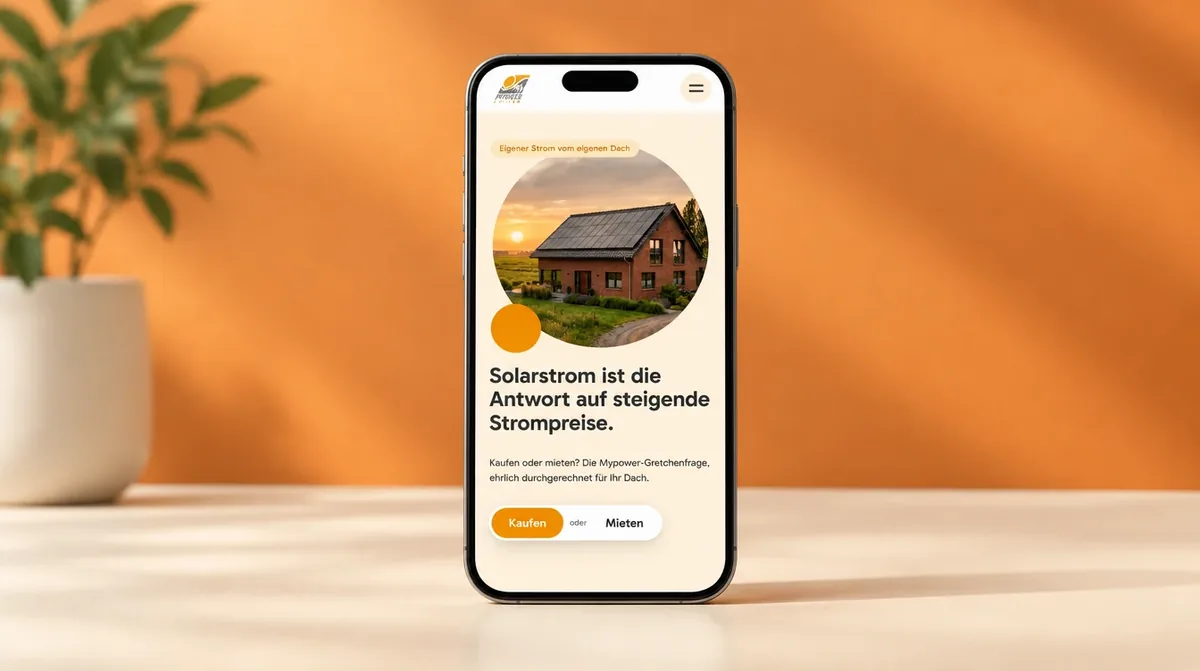 Smartphone mit der mobilen Seite von My Power Solar vor orangefarbener Wand (KI-Bild)