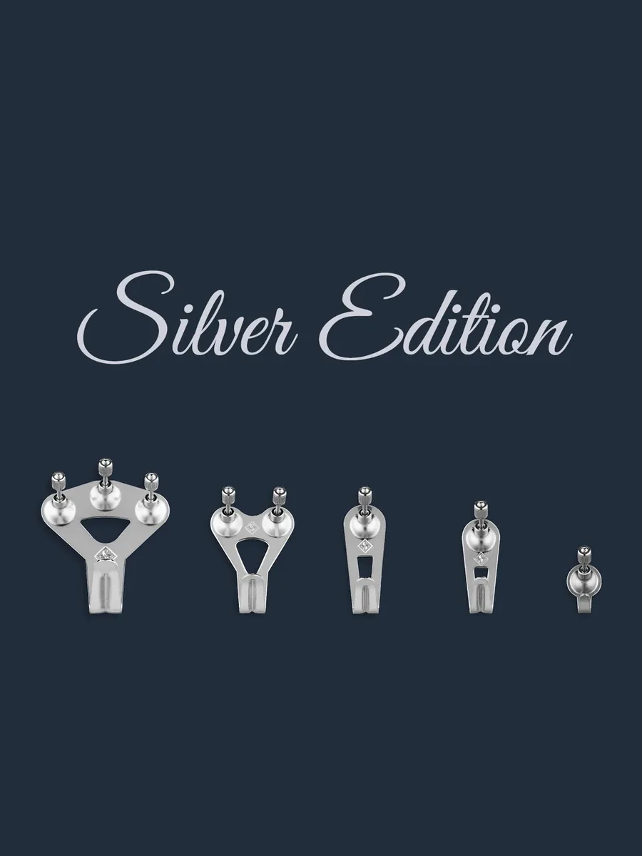 Silver Edition: fünf silberne FLOREAT-Haken in Größen von groß bis klein auf Marineblau
