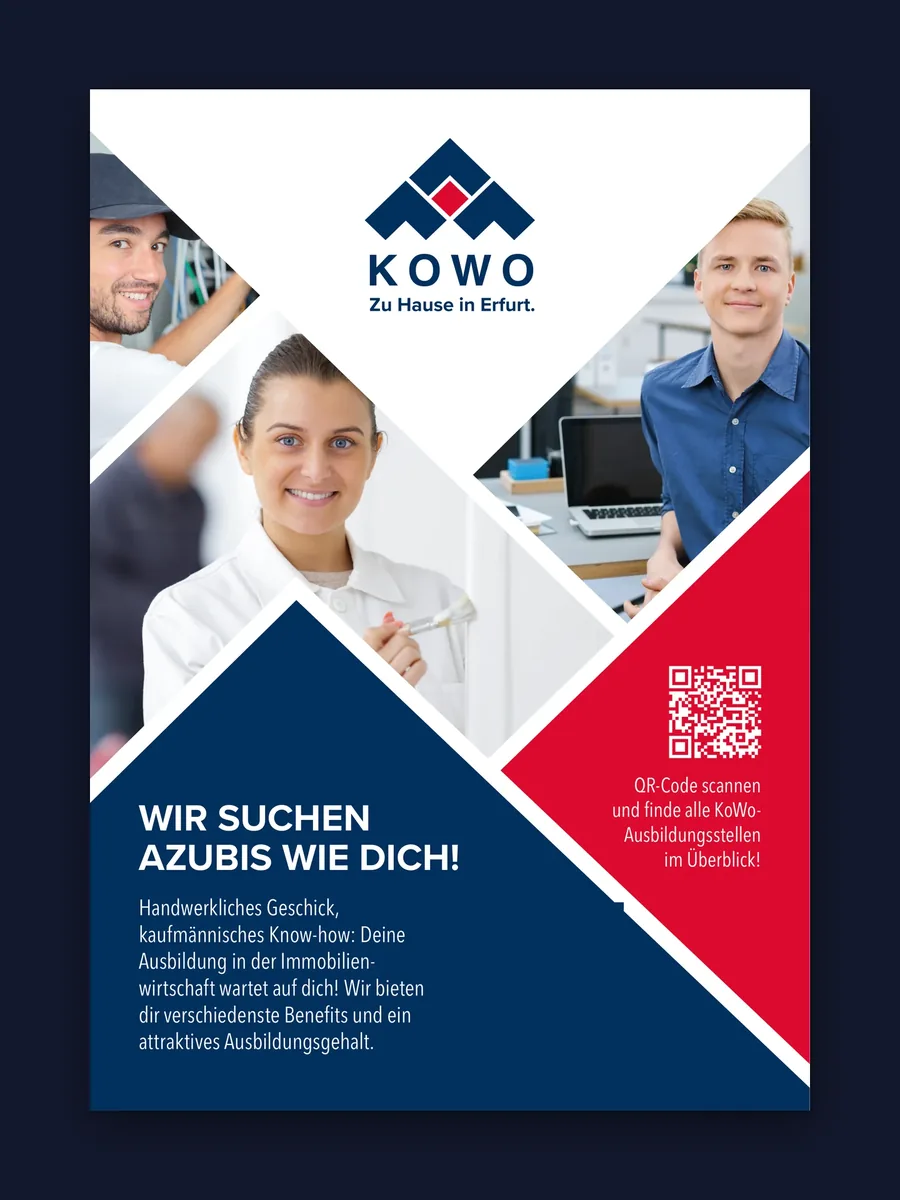 Azubi-Anzeige A5 hoch: Logo oben, Porträts von Auszubildenden in Rauten, darunter Navy-Fläche mit Wir suchen Azubis wie Dich und rote Fläche mit QR-Code