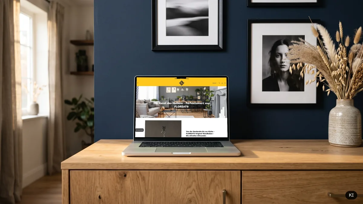 Shop-Startseite floreat.de auf dem Laptop im Wohnzimmer (KI-Szene, echter Screen eingesetzt)