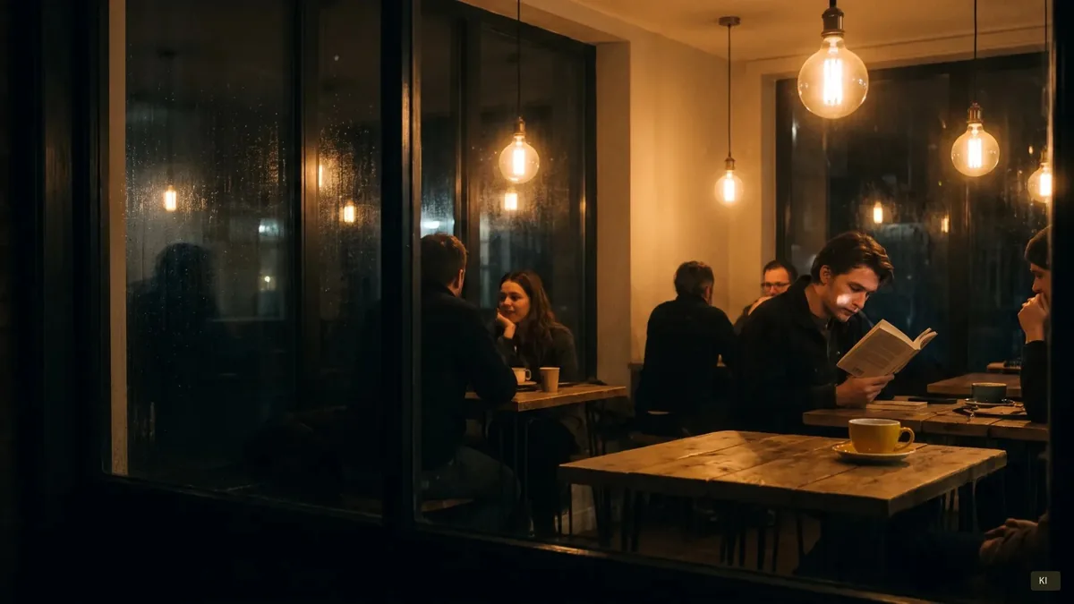 Café am Abend mit warmem Licht aus Glühfadenlampen; KI-unterstützt