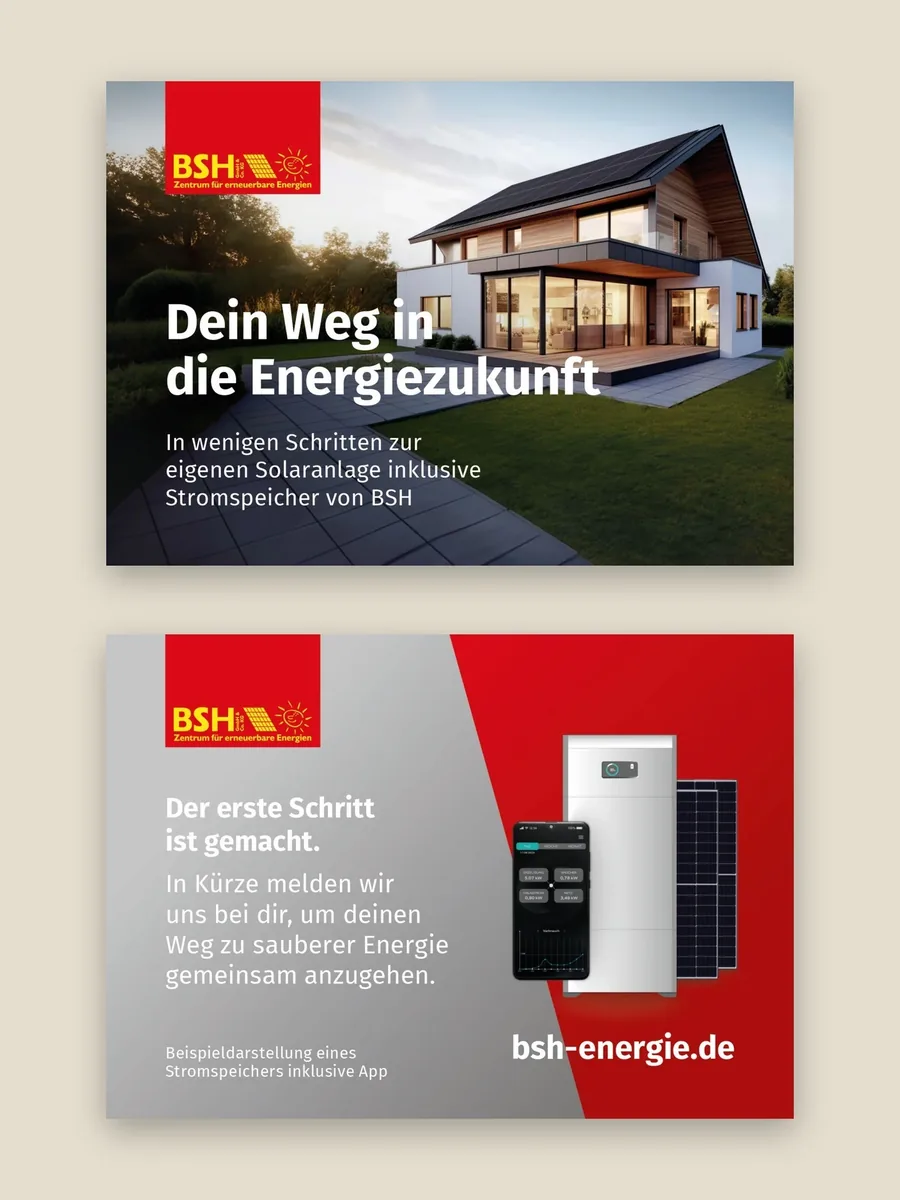 Vorder- und Rückseite des DIN-A7-Flyers Dein Weg in die Energiezukunft auf Sandfläche