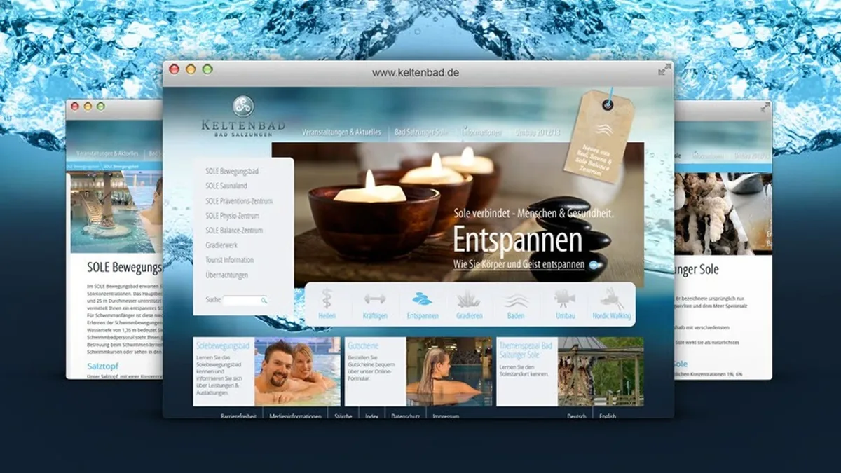 Drei Browserfenster der Keltenbad-Website vor einer Wasserfläche