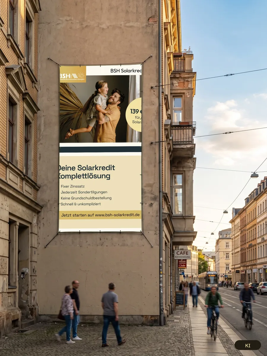 Meshbanner an einer Hauswand in der Stadt (KI-Mockup)