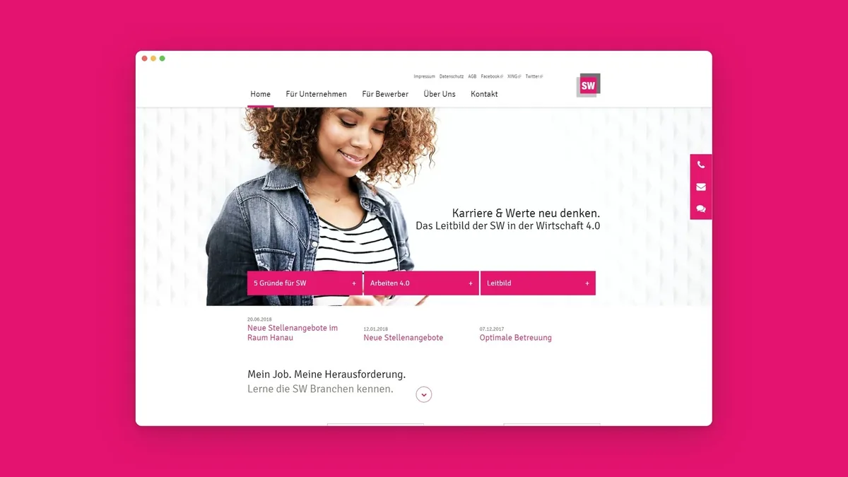 Startseite von SW Personaldienstleistungen im Browserfenster mit der Headline Karriere und Werte neu denken und den Reitern 5 Gründe für SW, Arbeiten 4.0 und Leitbild