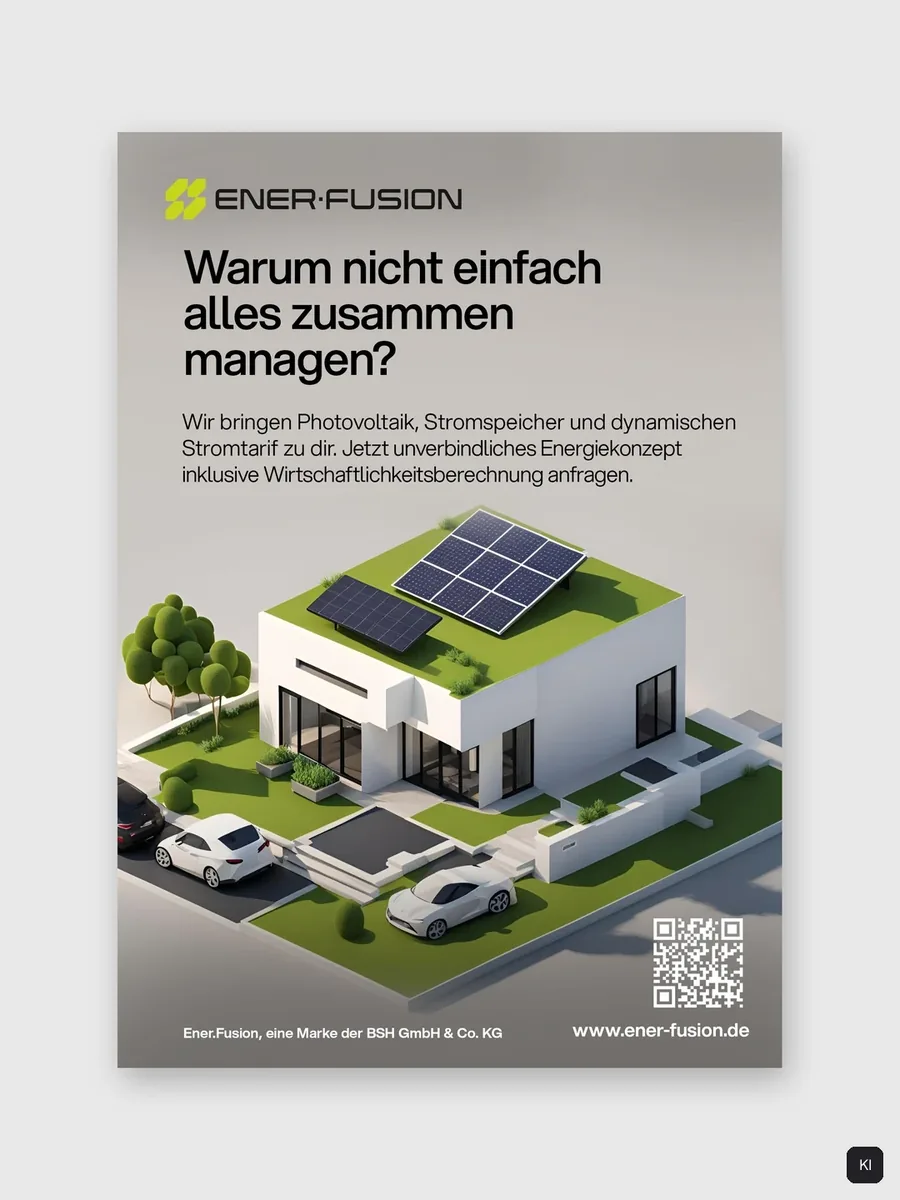 Anzeige auf Hellgrau mit der Frage »Warum nicht einfach alles zusammen managen?« und einem isometrischen Haus mit Solardach und zwei Autos.