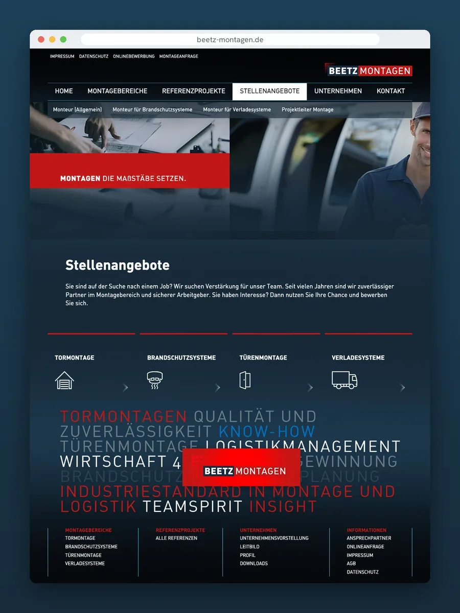 Website beetz-montagen.de, Seite Stellenangebote mit Header und Einleitung für die Fachkräftegewinnung