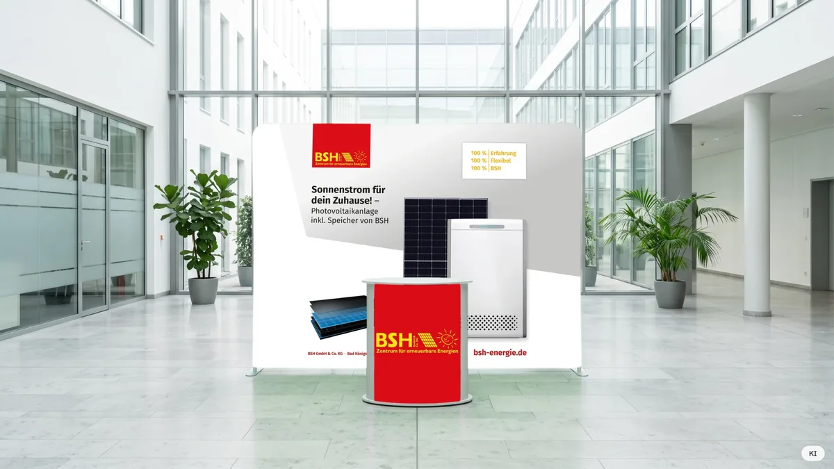 KI-Visualisierung: Faltwand und runder Counter aus dem Pop-Up-Set 2023 im Foyer eines Verwaltungsgebäudes