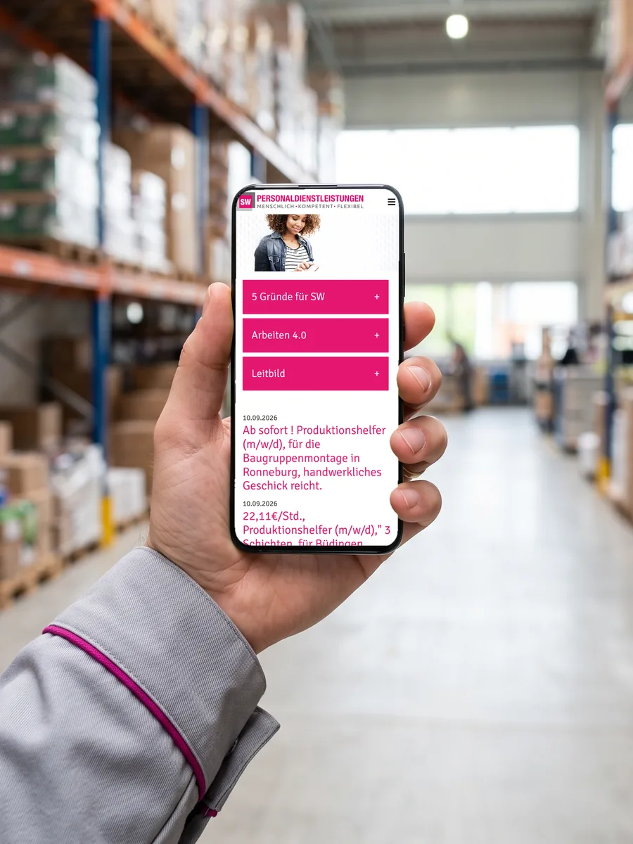 KI-Szene: Hand mit Smartphone im Lager, auf dem Display die echte mobile Startseite von SW Personaldienstleistungen