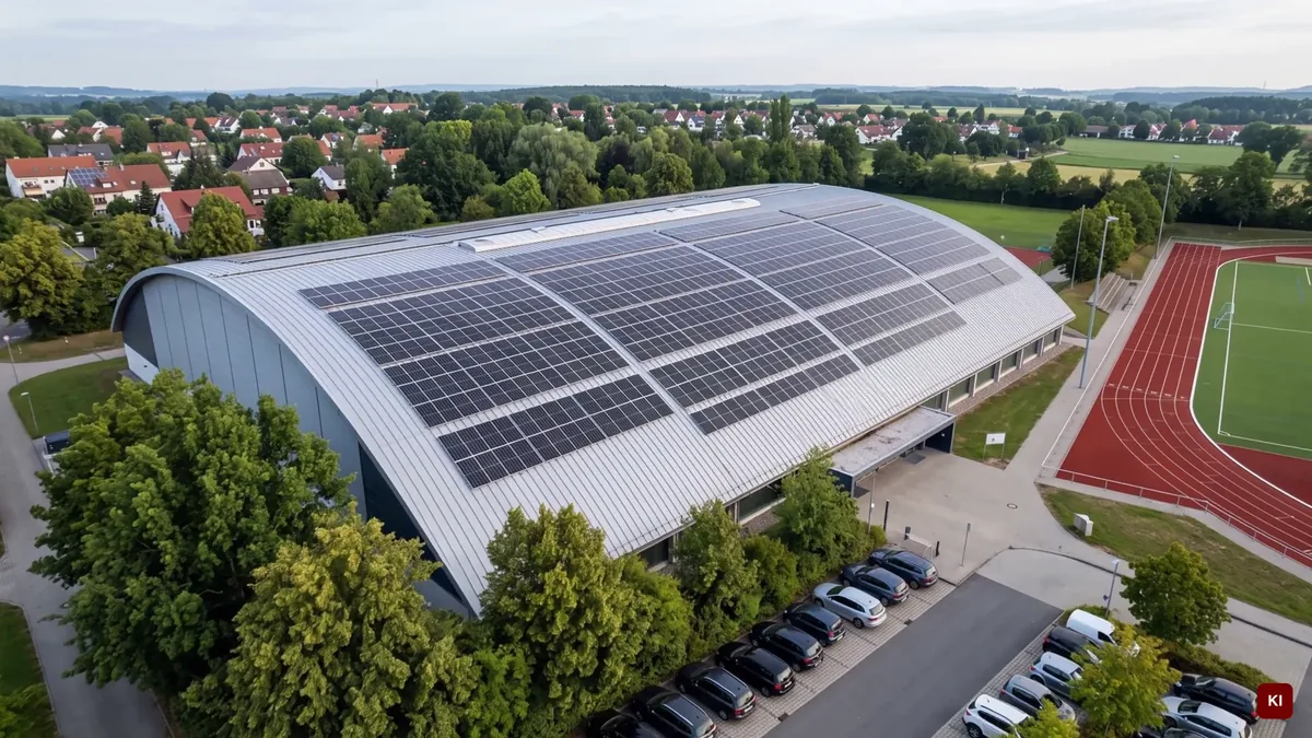 Sporthalle mit gewölbtem Dach und Solarmodulen, daneben Sportplatz, KI-unterstützt