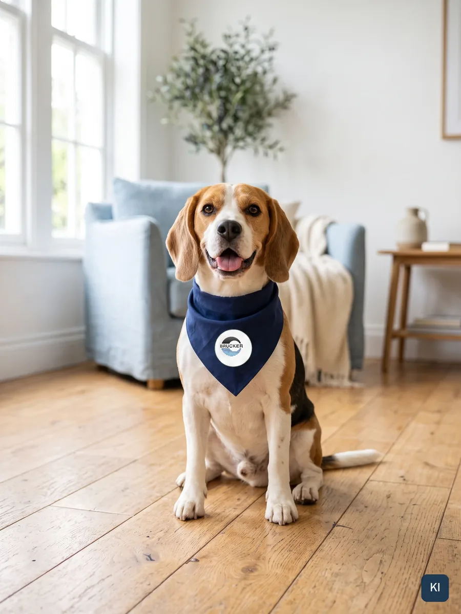 KI-Szene: Beagle mit Halstuch und BRUCKER-Plakette im Wohnzimmer, Look and Feel