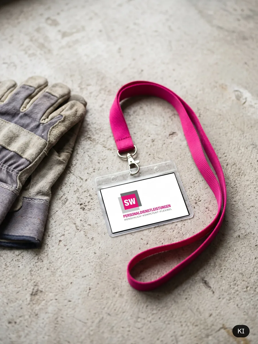 Ausweis mit SW-Logo am pinken Band (KI-Szene, Logo eingesetzt)