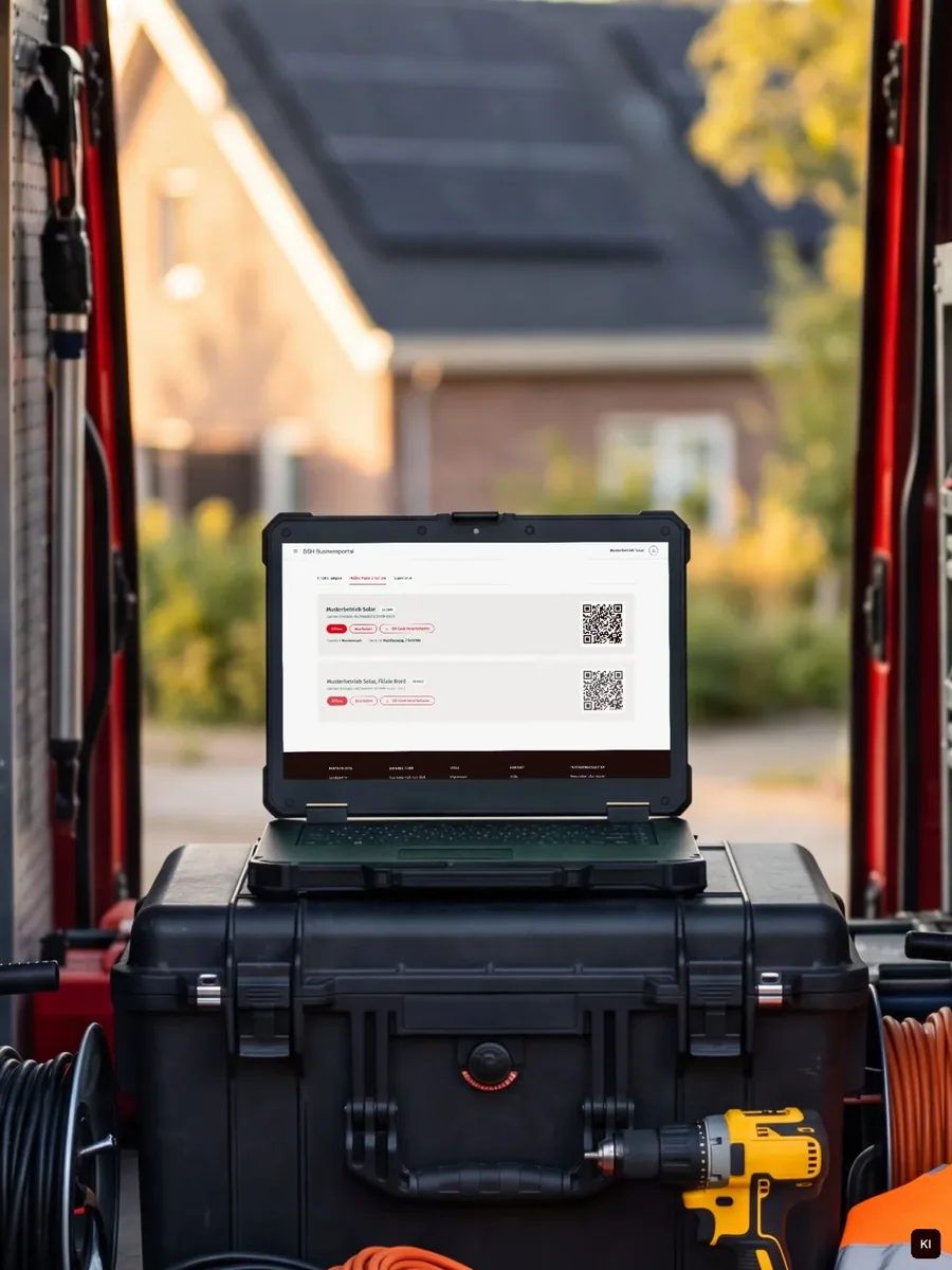 Laptop mit der Partnerseiten-Übersicht und QR-Codes auf einem Koffer im offenen Handwerker-Transporter; KI-unterstütztes Mockup