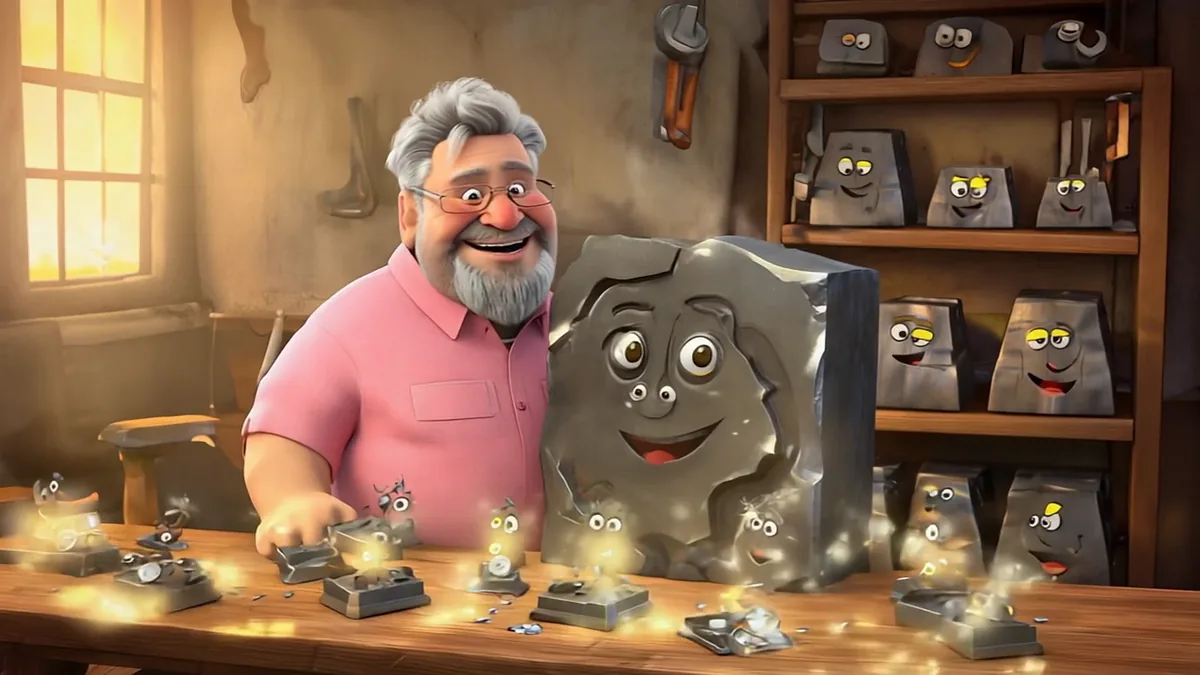 Silvio umarmt einen Metallblock mit Gesicht (Standbild)
