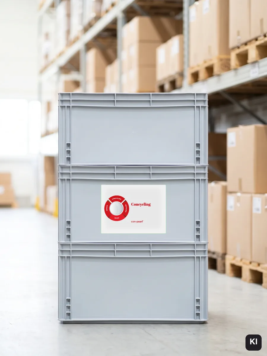 Gestapelte graue Transportboxen in einem Lager, auf der mittleren ein Etikett mit Kreis-Element, Concycling und con-pearl Logo (KI-Visualisierung, Motiv eingesetzt)