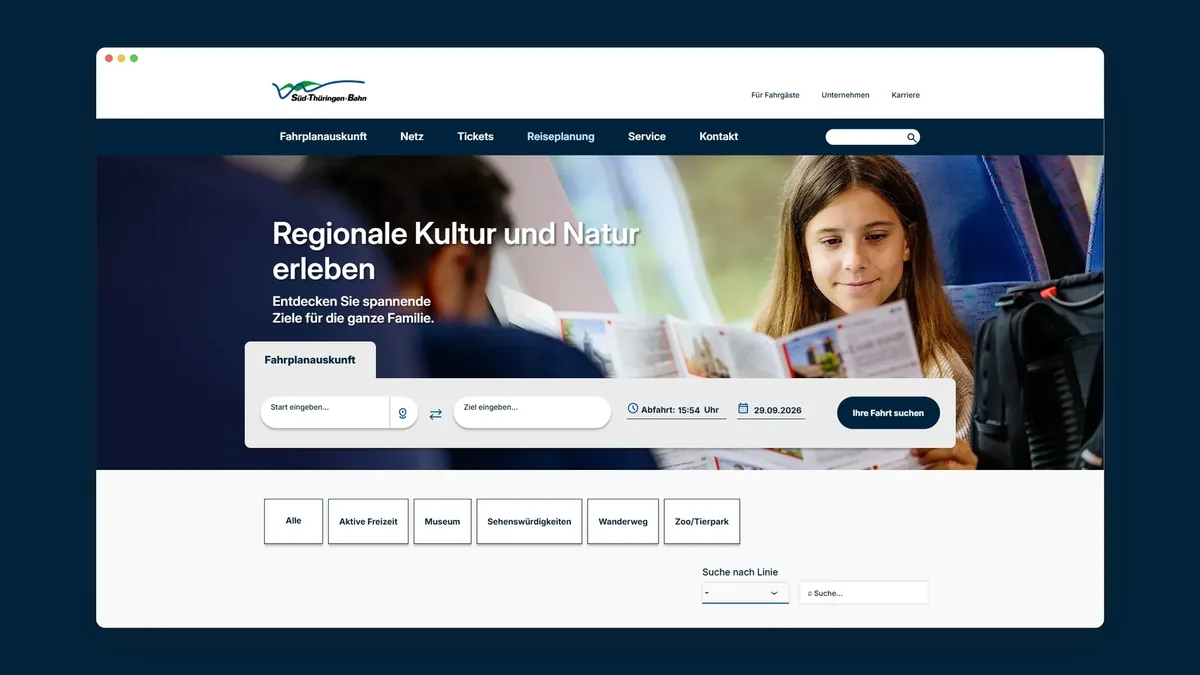 Seite Ausflugsziele mit Filtern und Kacheln im Browserfenster