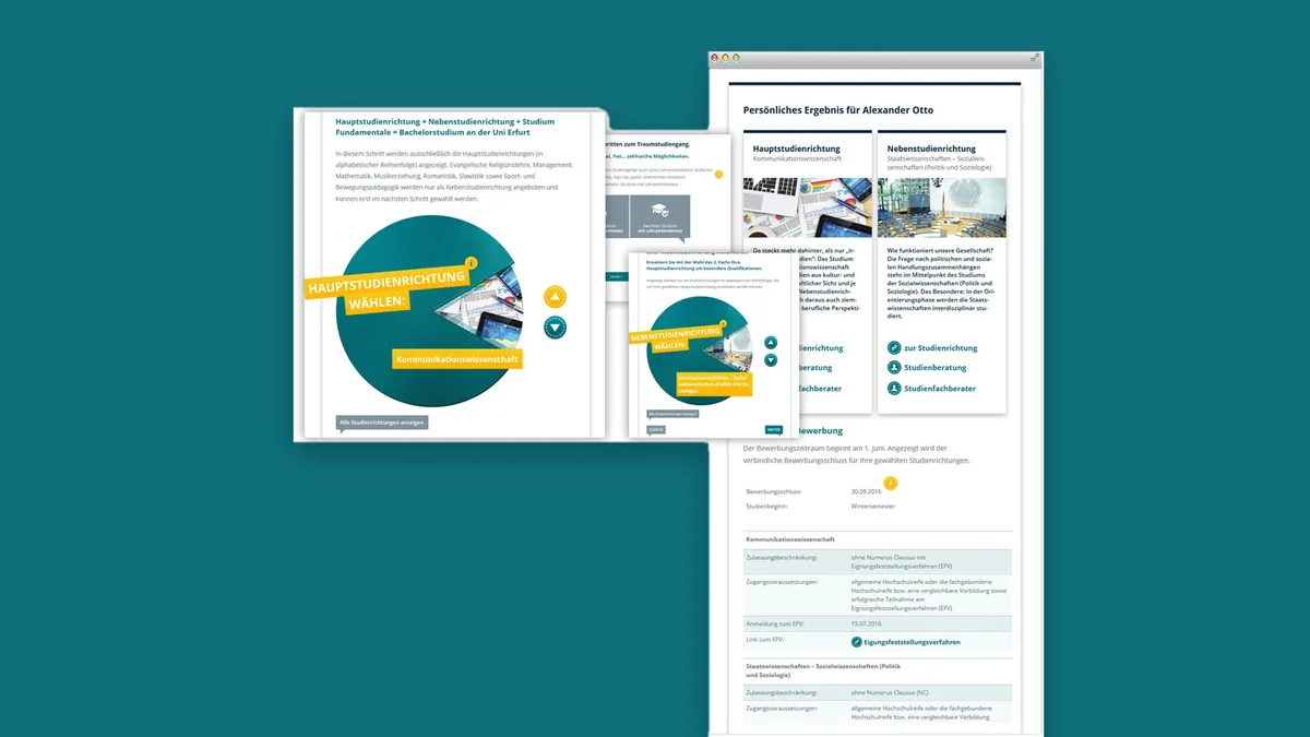 Screens der Studimat-Web-App: Hauptstudienrichtung wählen, Nebenstudienrichtung wählen und persönliches Ergebnis
