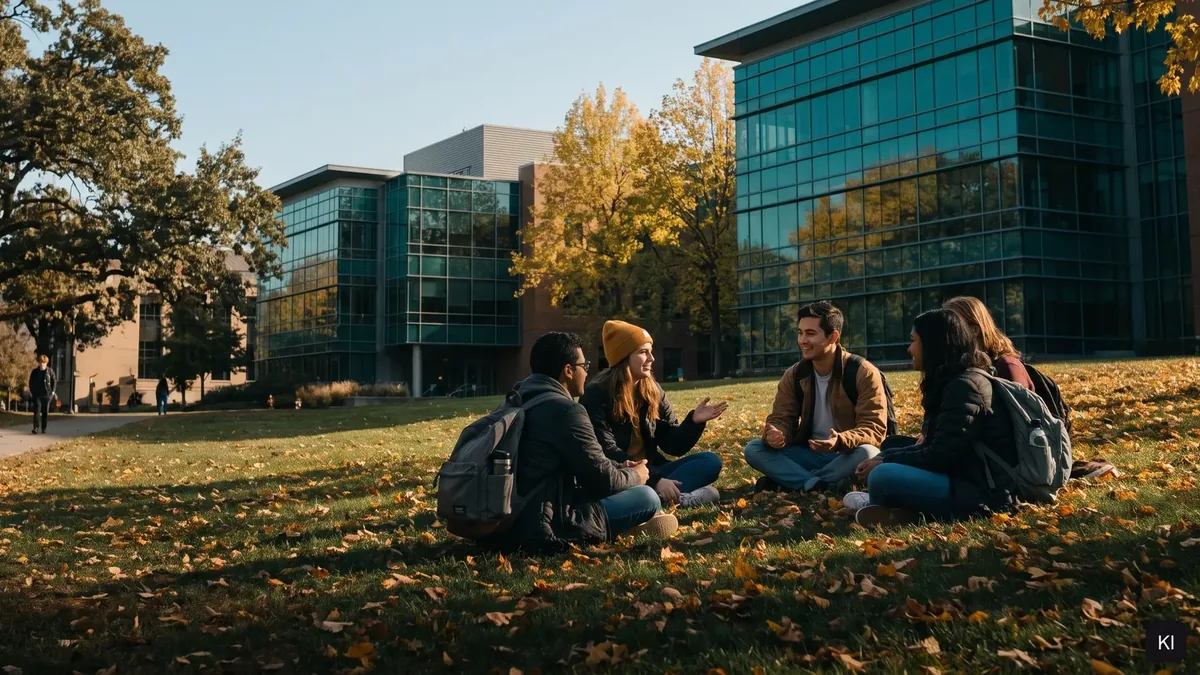 Gruppe von Studierenden sitzt auf einer Wiese vor Campusgebäuden, KI-Bild