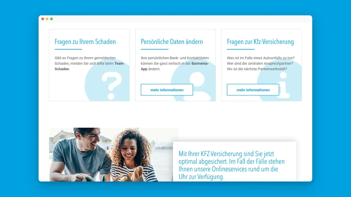 Service-Cards der Welcome Page Kfz auf Blau: Fragen zu Ihrem Schaden, Persönliche Daten ändern, Fragen zur Kfz-Versicherung, darunter ein Foto mit Textkarte