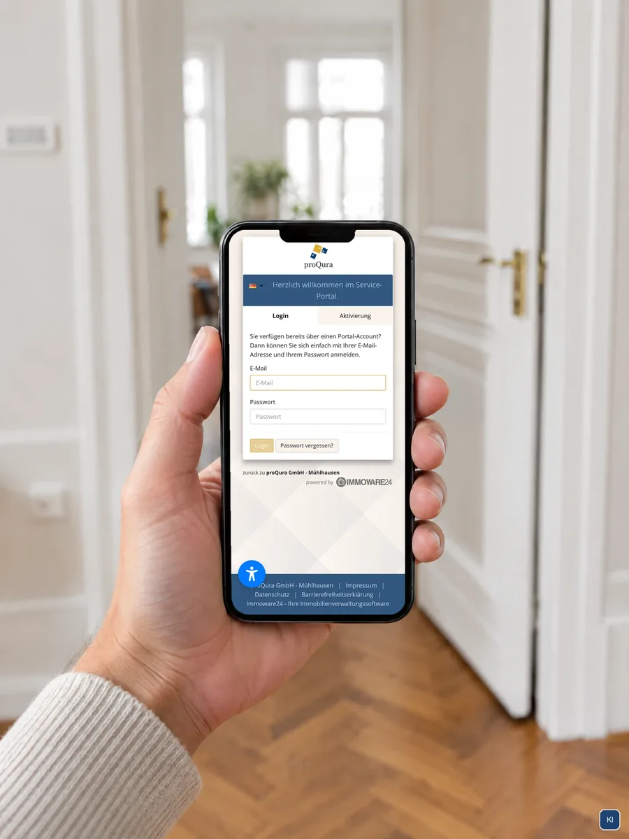 Hand hält vor einer Wohnungstür ein Smartphone mit der Anmeldung zum Serviceportal der proQura. Szene KI-unterstützt, Screen echt.