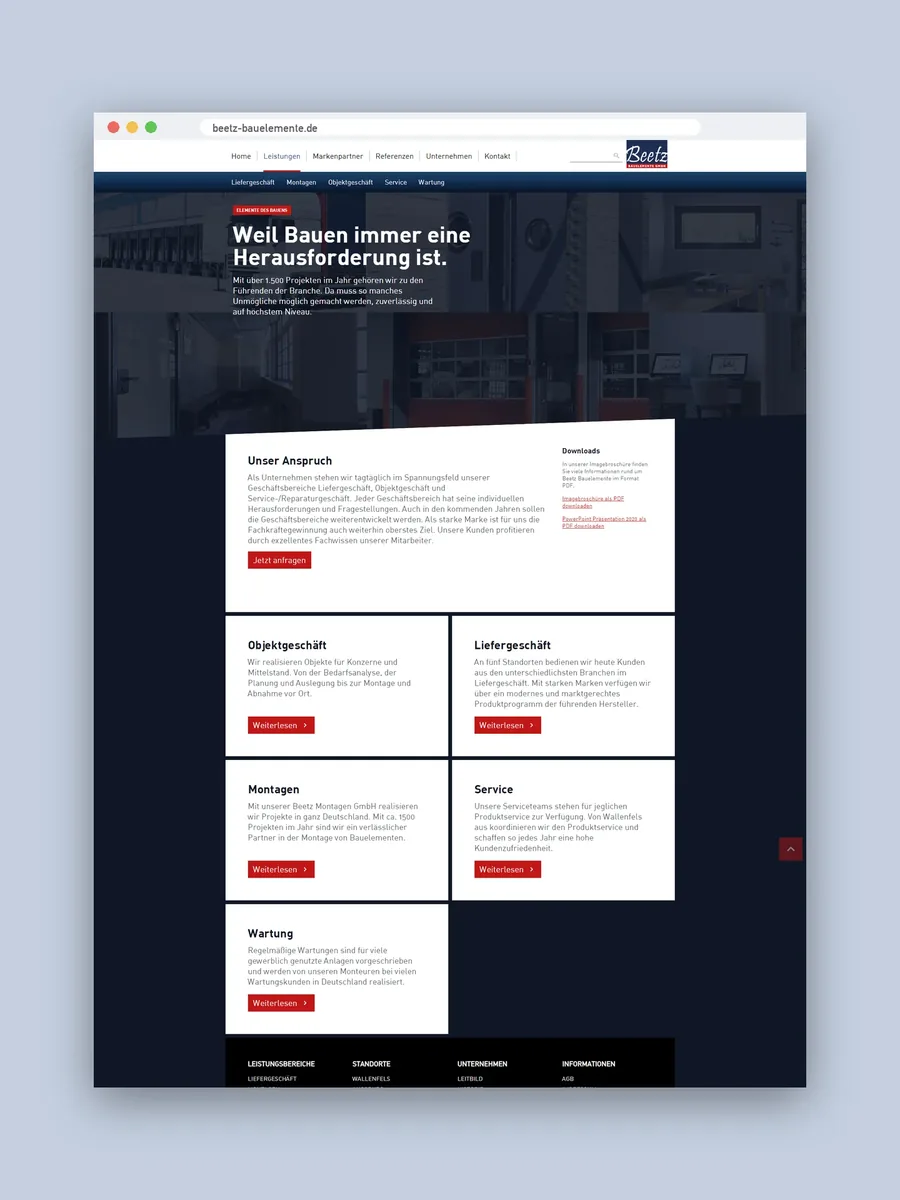 Website beetz-bauelemente.de, Seite Leistungen mit den Bereichen Objektgeschäft, Liefergeschäft, Montagen, Service und Wartung