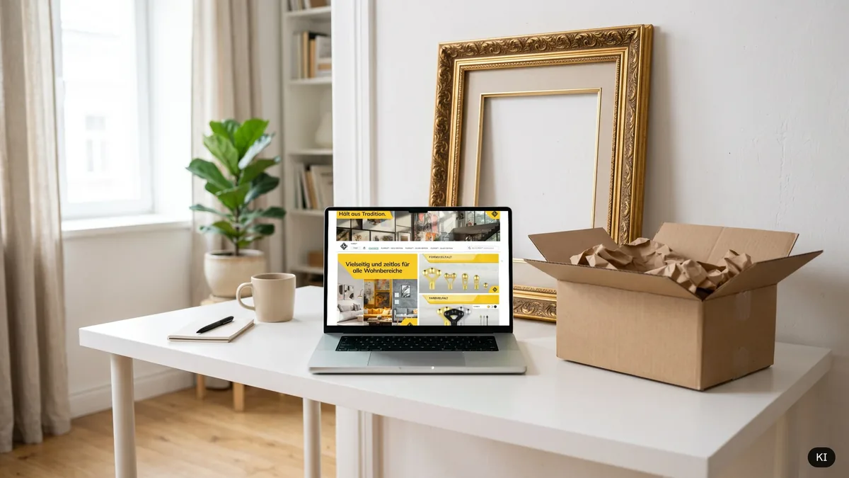 Amazon Brand Store auf dem Laptop im Homeoffice (KI-Szene, echter Screen eingesetzt)