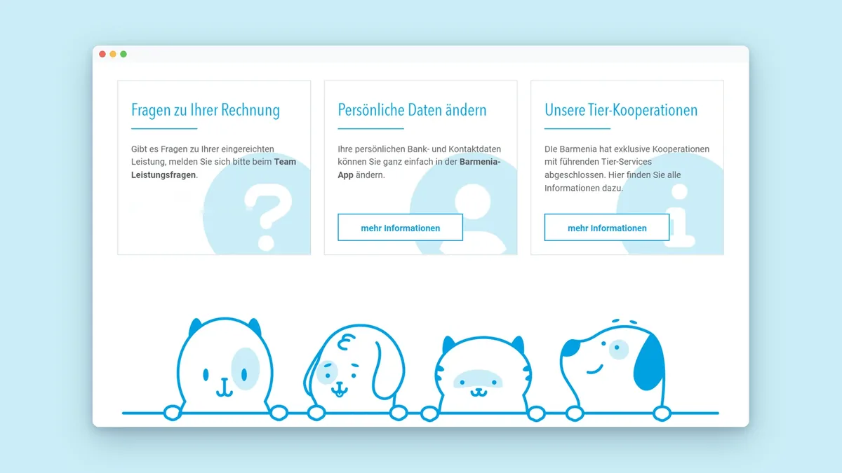 Service-Cards der Tier-Welcome-Page mit Unsere Tier-Kooperationen, darunter eine Linienillustration aus vier Tieren