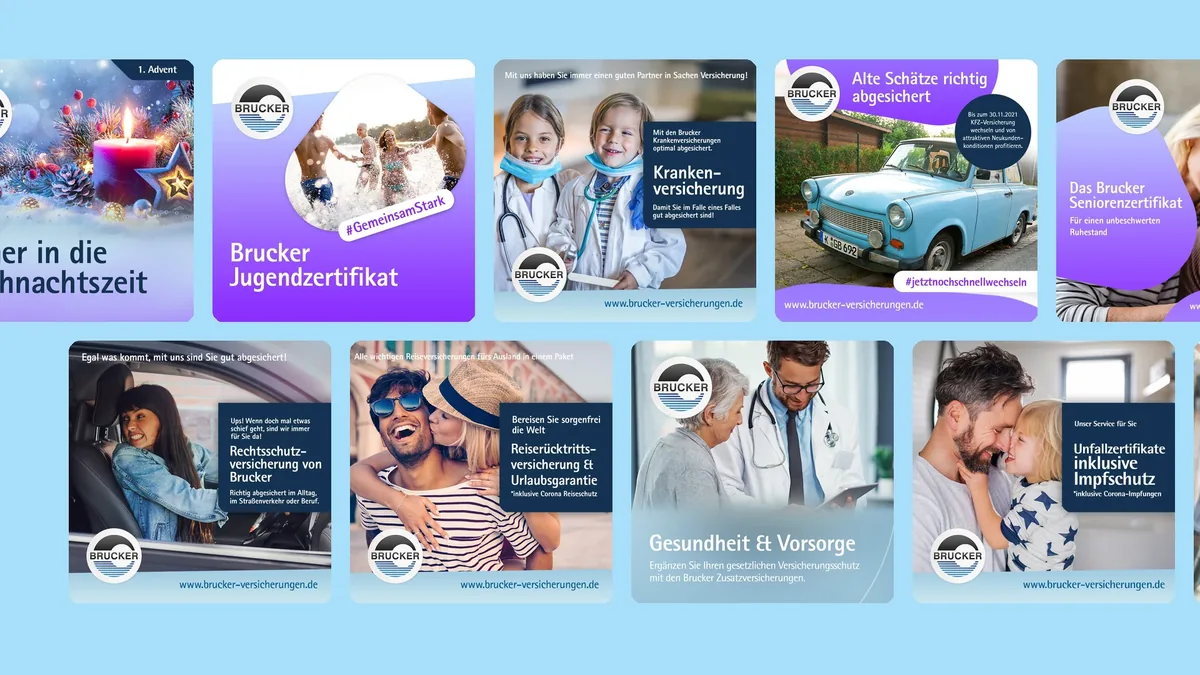 Social-Media-Wand mit zehn Kacheln: Advent, Zertifikate, Krankenversicherung, Kfz, Rechtsschutz, Reise, Gesundheit, Impfschutz, Stellenangebot