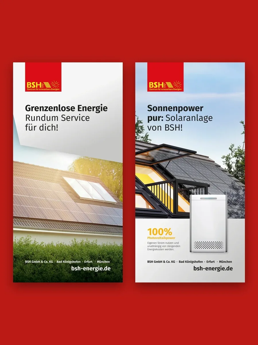 Zwei Leuchtrahmen-Motive 2023 nebeneinander auf Rot: Grenzenlose Energie und Sonnenpower pur
