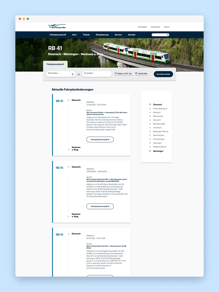Liniendetail RB 41 mit aktuellen Fahrplanänderungen im Browserfenster