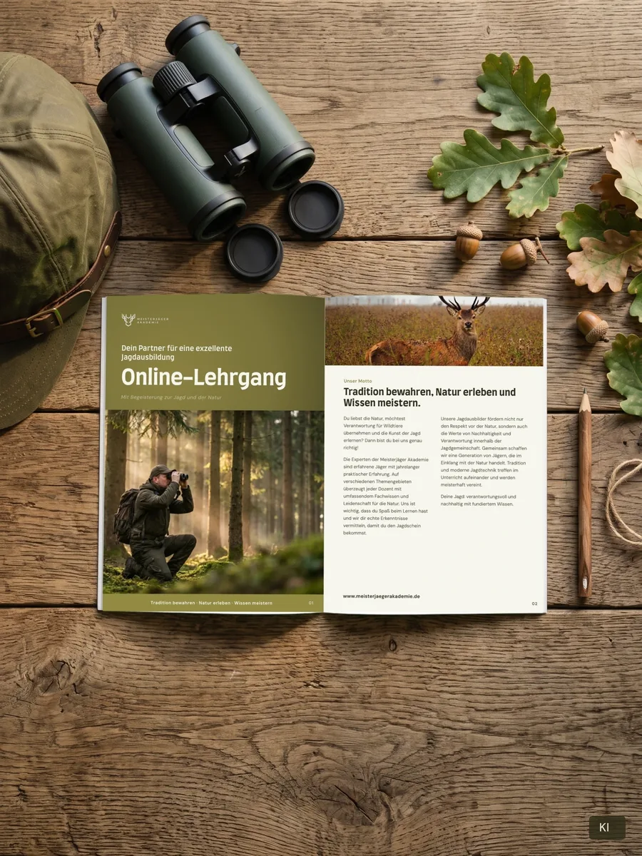 Aufgeschlagene Broschüre Online-Lehrgang auf einem Holztisch mit Fernglas, Kappe und Eichenlaub; Szene KI-unterstützt