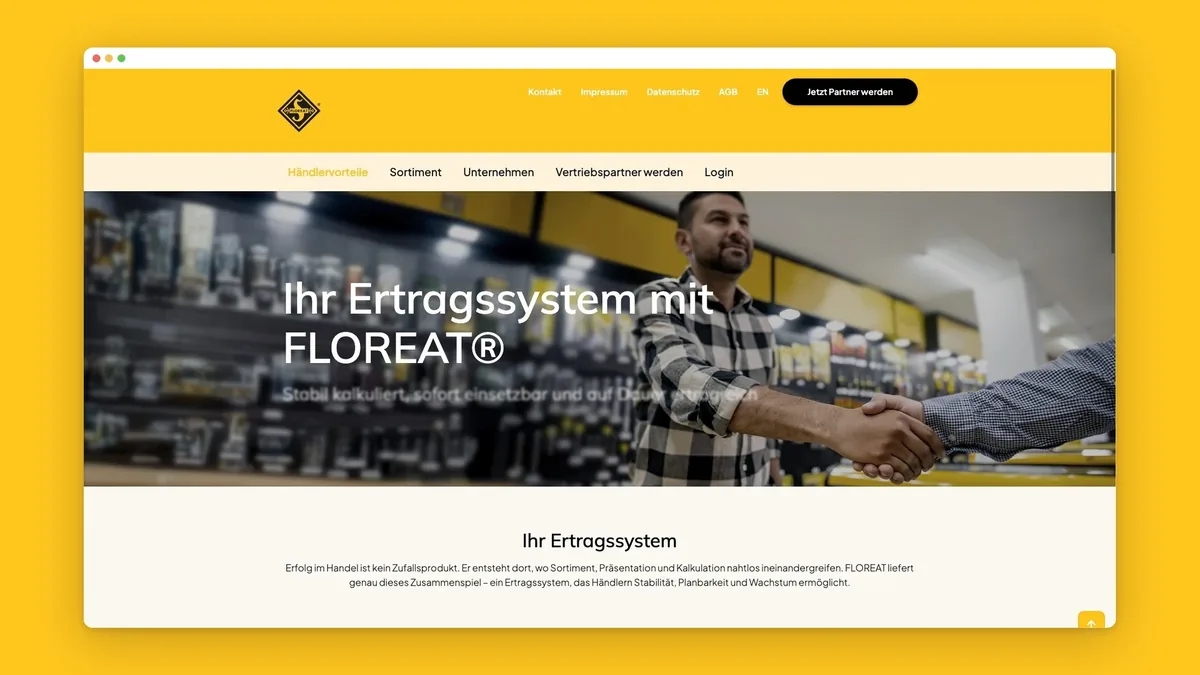 Seite Ihr Ertragssystem auf floreat.business mit Handschlag