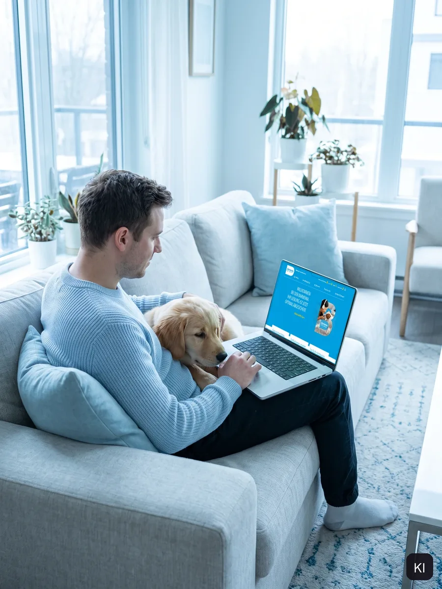 Mann sitzt auf dem Sofa mit Laptop, ein Golden-Retriever-Welpe liegt an seinem Arm, auf dem Bildschirm die Welcome Page für Hunde (KI-Szene, Screen echt)
