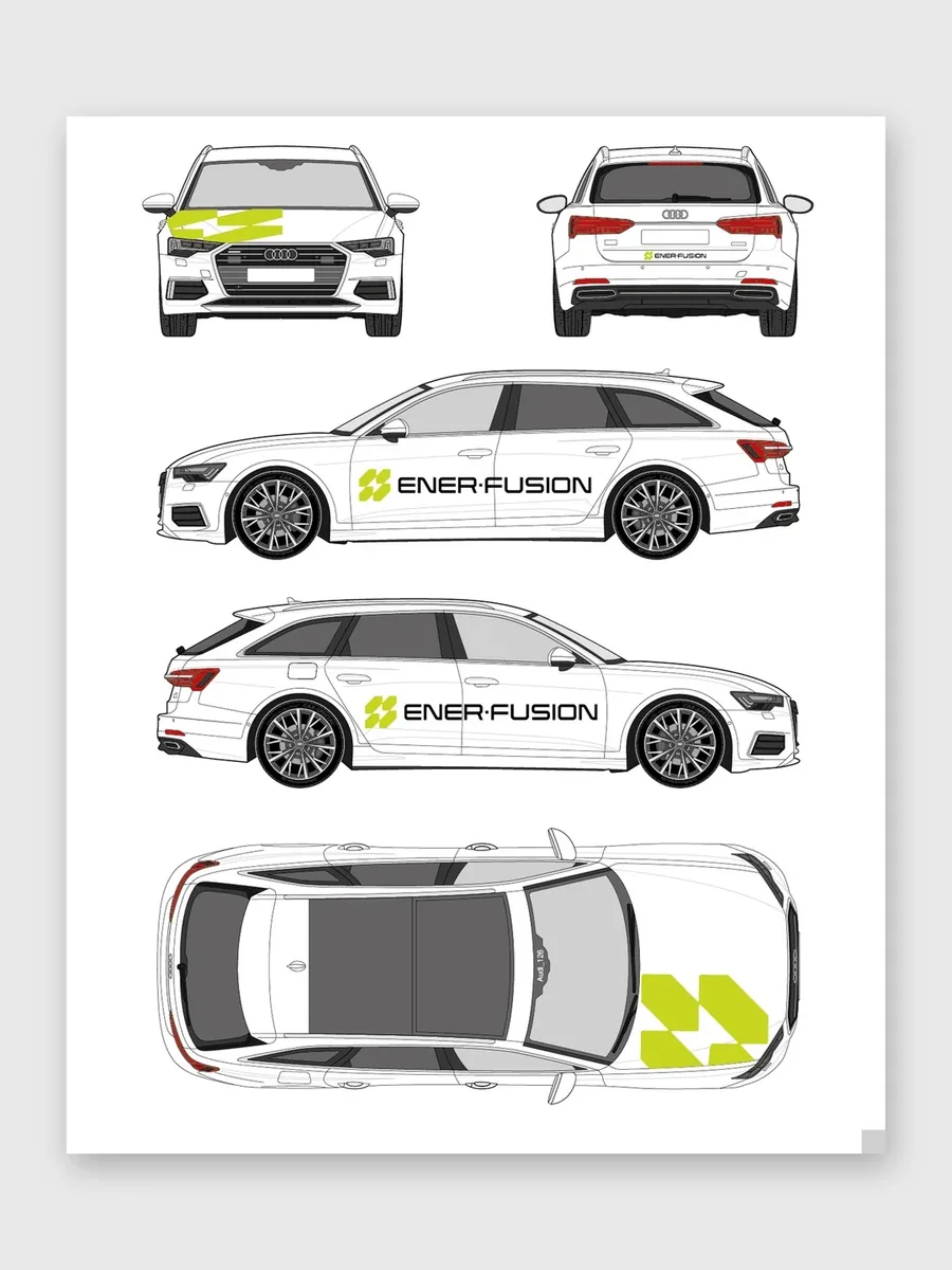 Fahrzeugplan des weißen Audi A6 Avant in fünf Ansichten mit Schriftzug und Bildmarke.