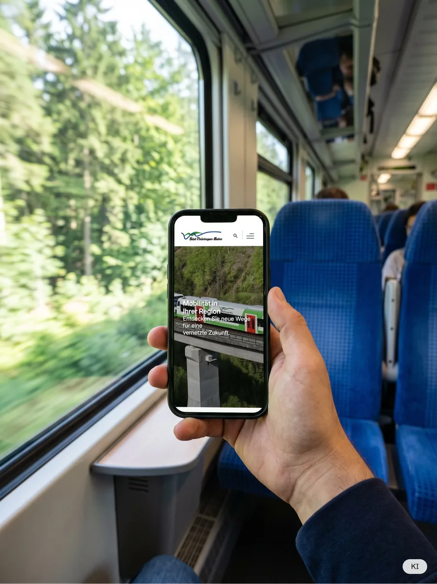Smartphone mit der mobilen Startseite der Süd-Thüringen-Bahn im Zug (KI-Bild)