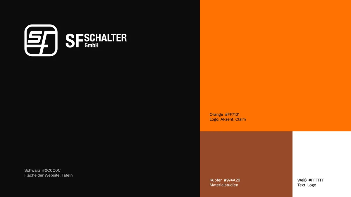Farbwelt: Schwarz 0C0C0C, Orange FF7101, Kupfer, Weiß