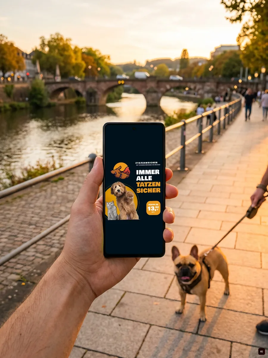 KI-Szene: Hand hält ein Smartphone mit der Anzeige Immer alle Tatzen sicher an einer Uferpromenade, ein Hund wartet, Screen echt
