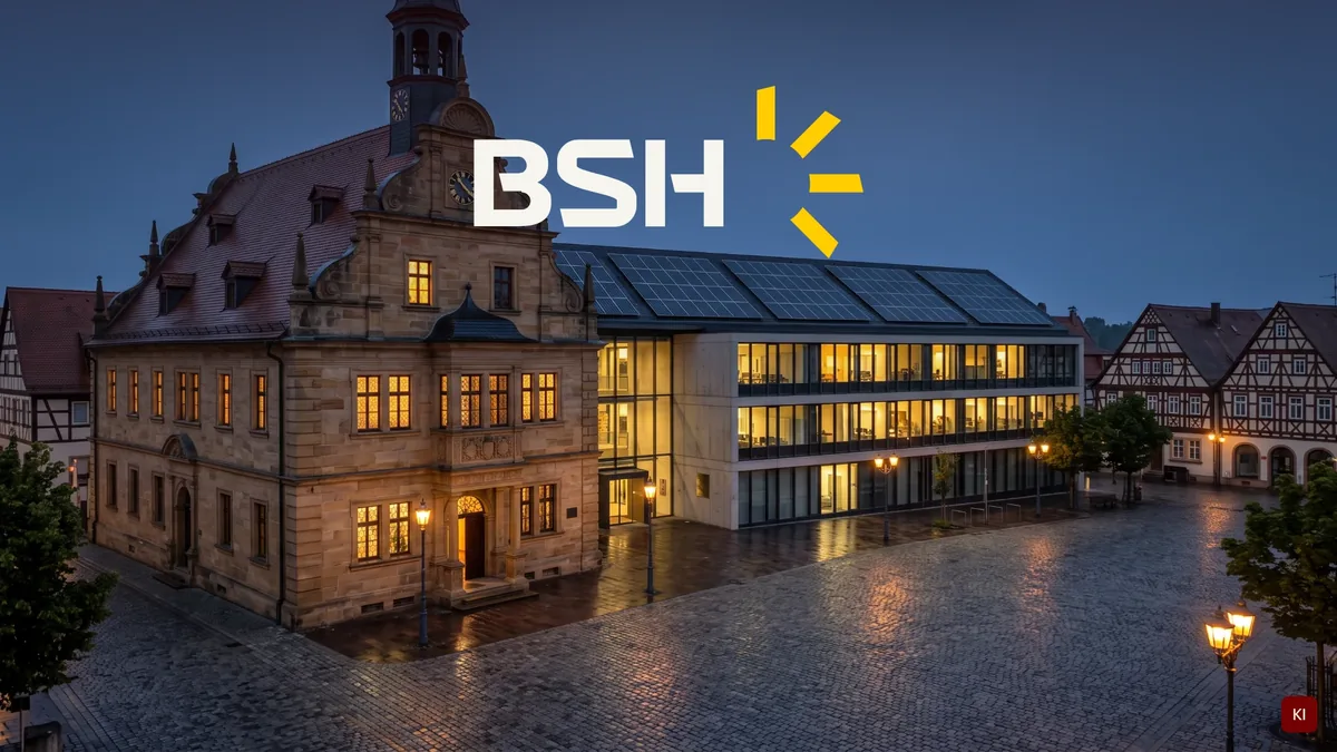 Historisches Rathaus mit modernem Anbau und Photovoltaik auf dem Dach zur blauen Stunde, darüber das BSH-Logo mit gelben Strahlen; KI-unterstütztes Motiv mit Kennzeichnung