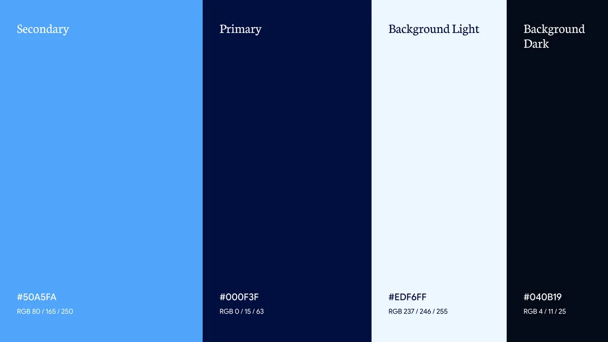Farbboard: Secondary #50A5FA, Primary #000F3F, Background Light #EDF6FF, Background Dark #040B19